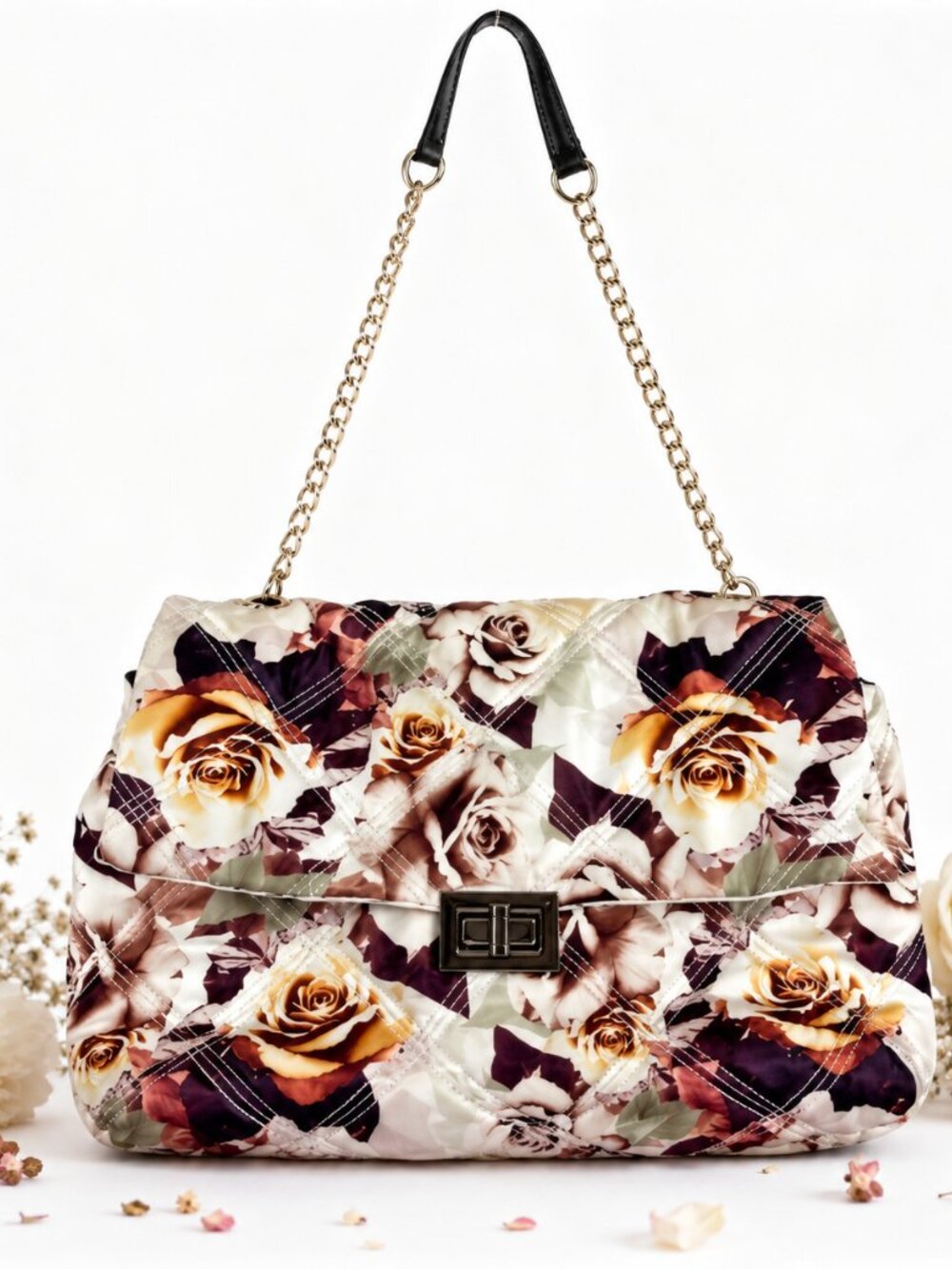 Betsey Johnson XO Phoebe Floral Quilted Nylon Chain Shoulder Bag Glam Chic Purse